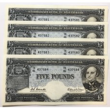 AUSTRALIA 1960 . FIVE 5 POUND BANKNOTES . COOMBS/WILSON . CONSECUTIVE FOUR . FIRST PREFIX LETTERS TB
